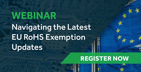 Graphic Slide announcing the Webinar, Navigating the Latest EU RoHS Exemption Updates, on Tuesday, March 3, 2026