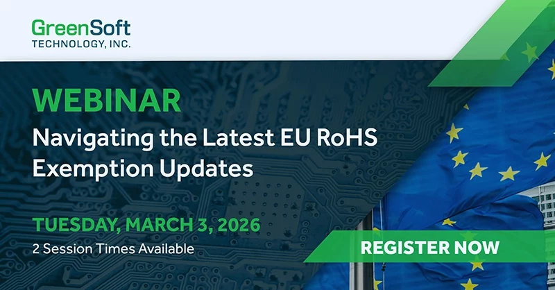 Navigating-Latest-EU-RoHS-Exemption-Updates-Webinar-2026 Graphic Slide announcing the Webinar, Navigating the Latest EU RoHS Exemption Updates, on Tuesday, March 3, 2026
